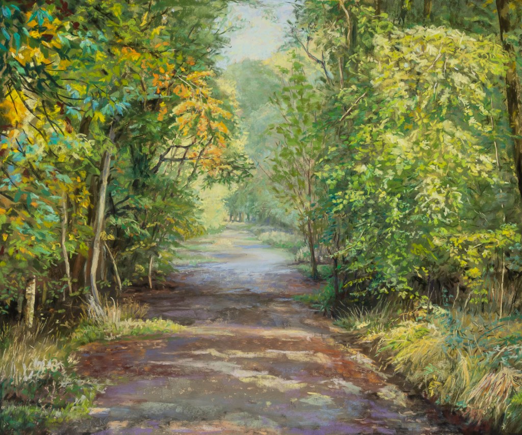 Painting of a pathway through woodlands