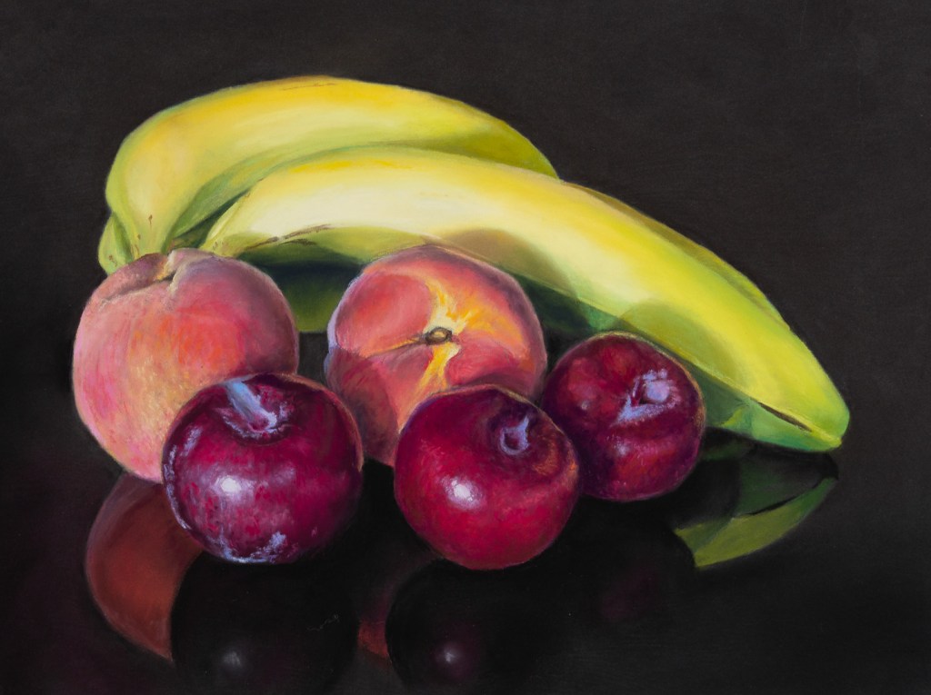 Painting of some bananas, peaches and plums