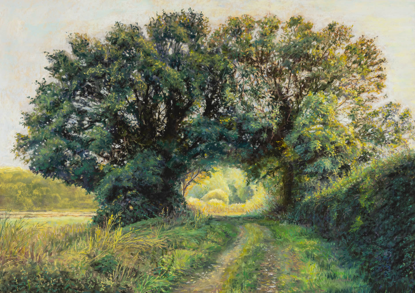 Painting of two trees by a hedge