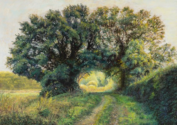 Painting of two trees by a hedge