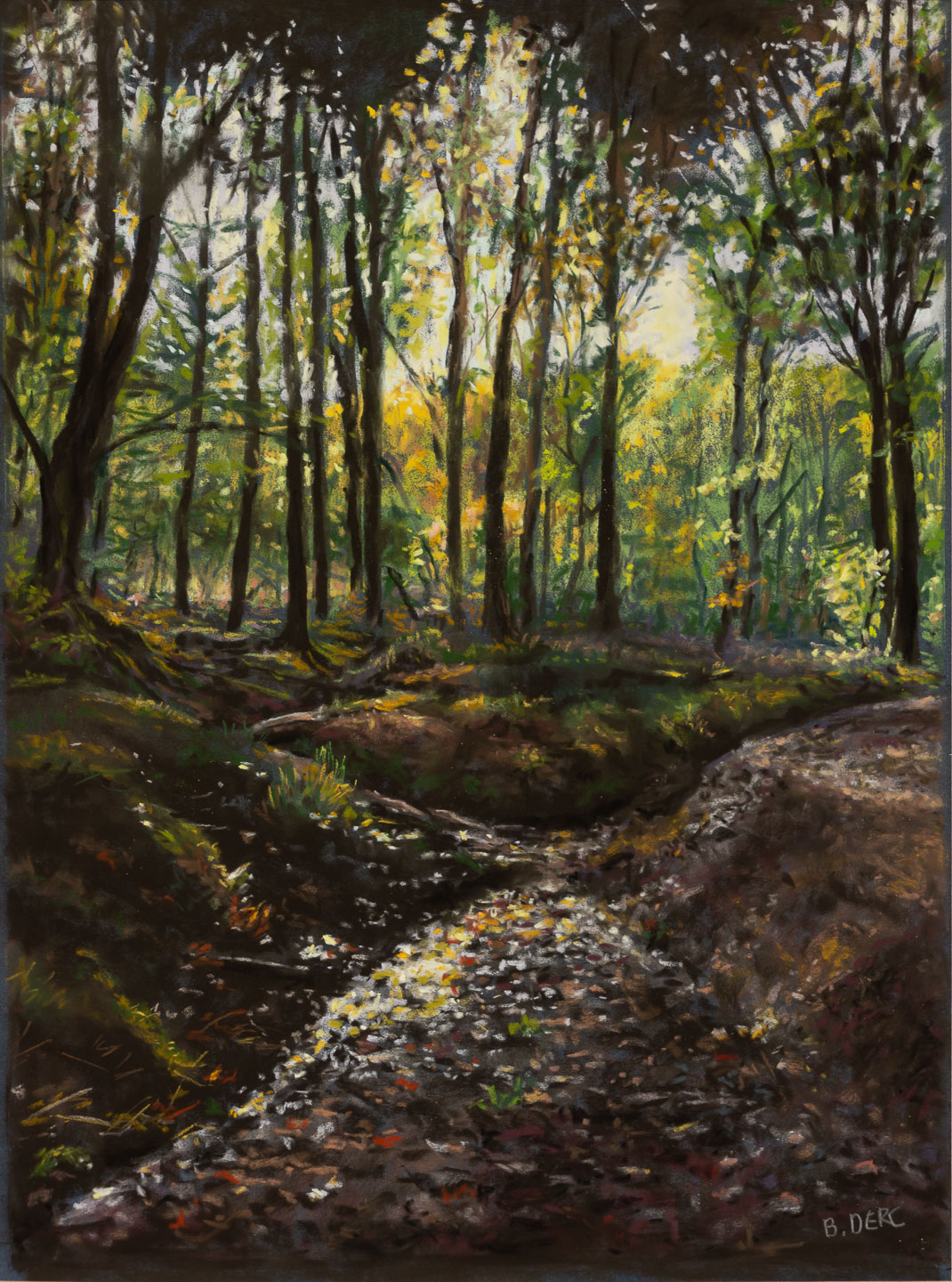Painting of a wood with sunlight shining through the trees onto a damp woodland floor