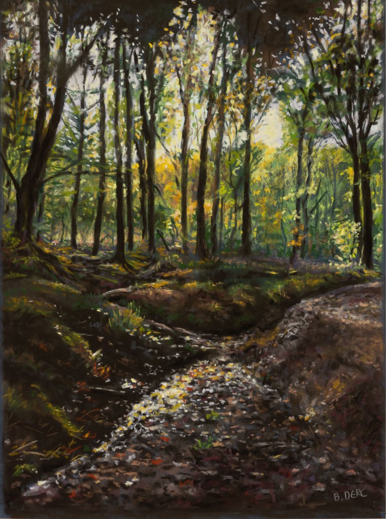 Painting of a wood with sunlight shining through the trees onto a damp woodland floor