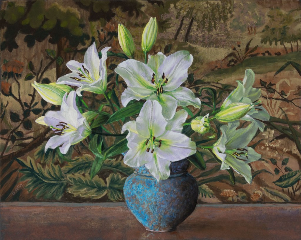 Painting of white lilies in a blue vase