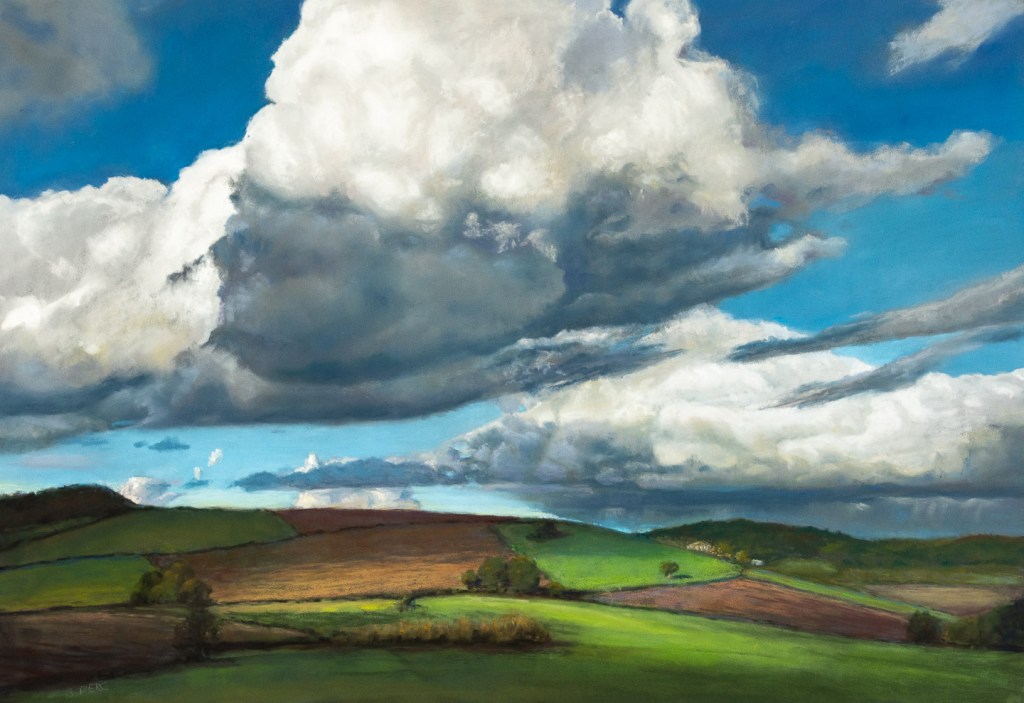 Painting of large clouds over farmland