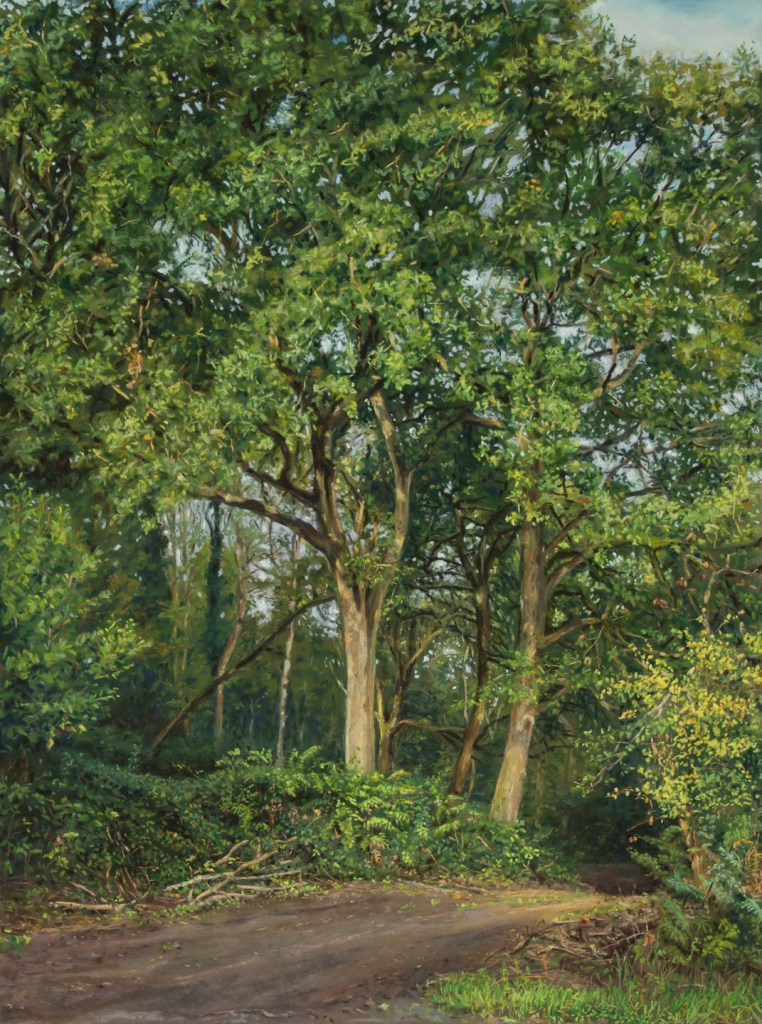 Painting of large trees by a dirt track