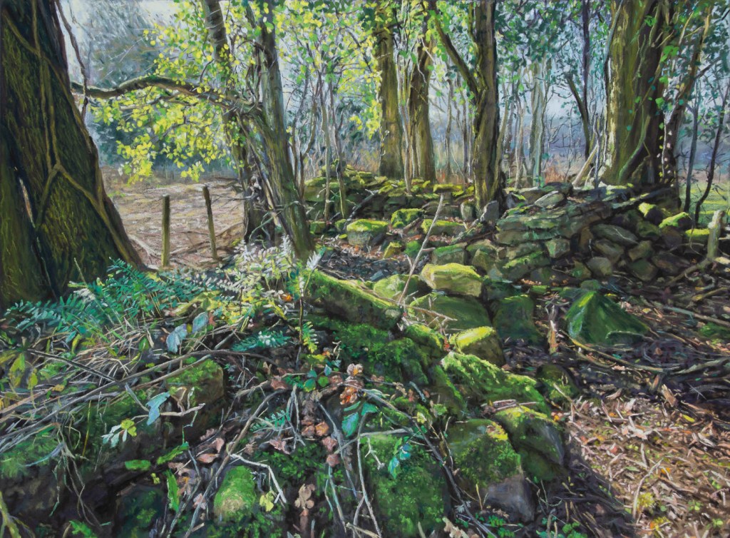 Painting of derelict dry stone wall covered in moss and undergrowth