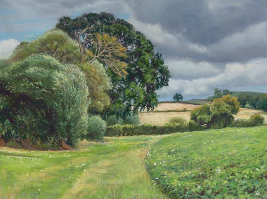 Painting of a corner of a field with wind blown trees