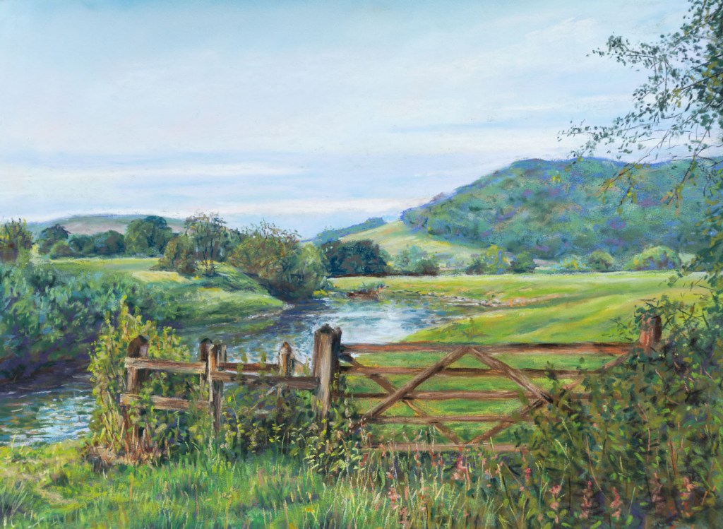 Painting of a gate through which can be seen a river and a field