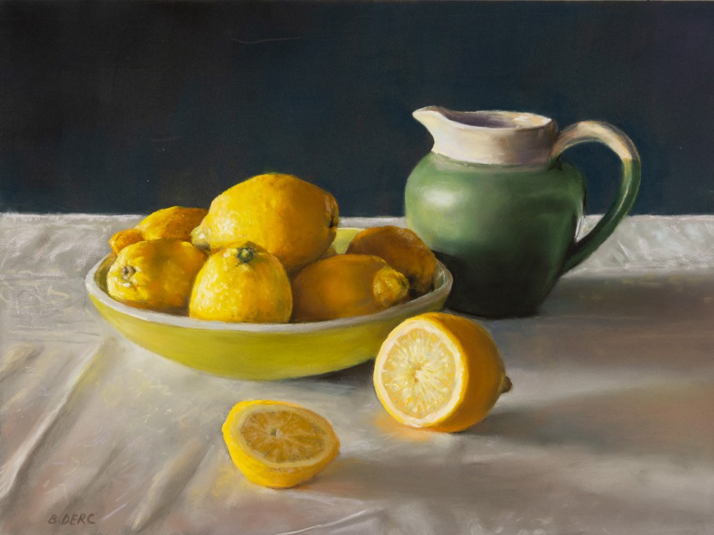 Painting of a bowl, lemons and a jug on a white table cloth