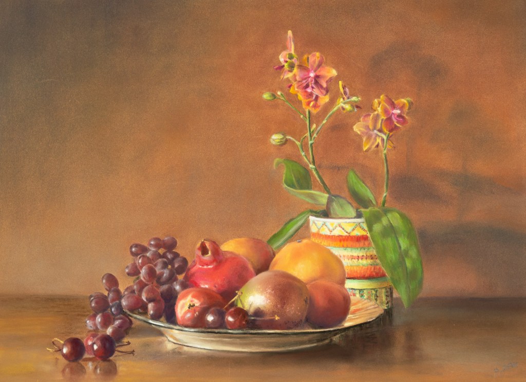 Painting of a plate of fruit with small orchid beside it