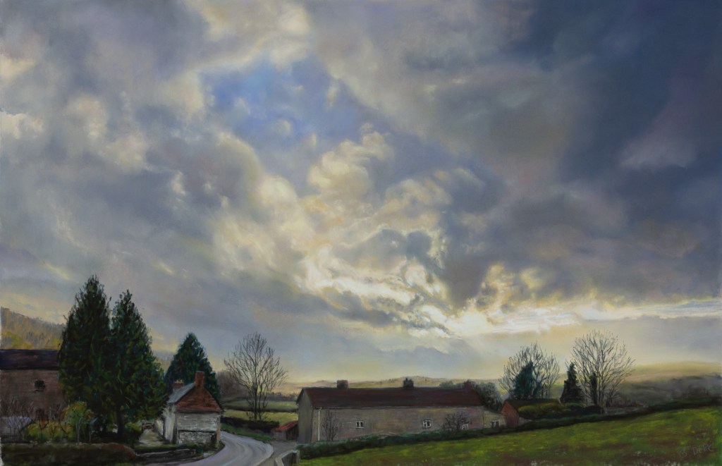 Painting of a stormy sky over a few buildings
