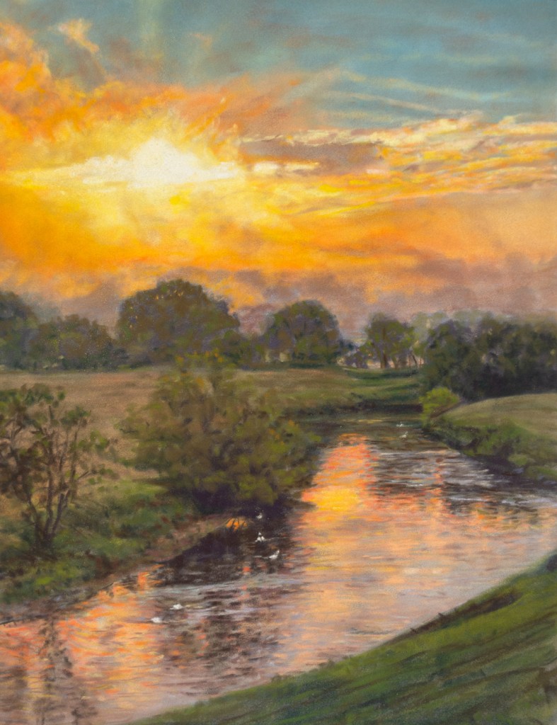 Painting of the sun rising over a river