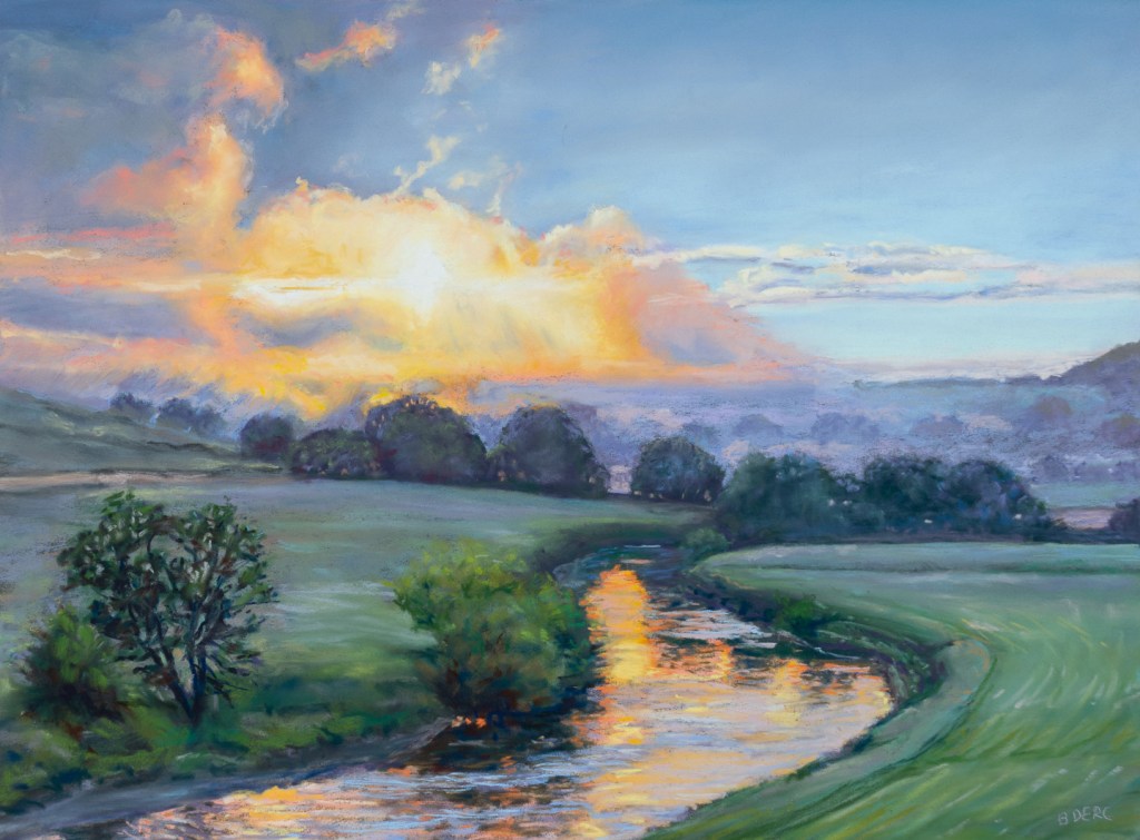 Painting of a river and sunrise