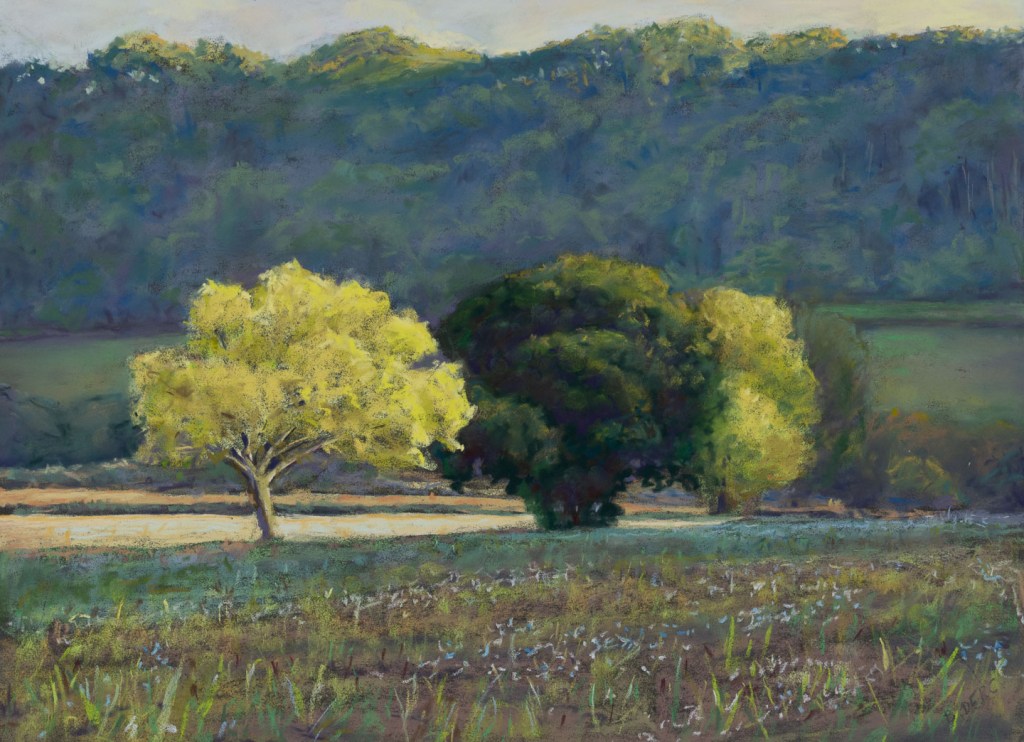 Painting of a row of trees with a hilly woodland