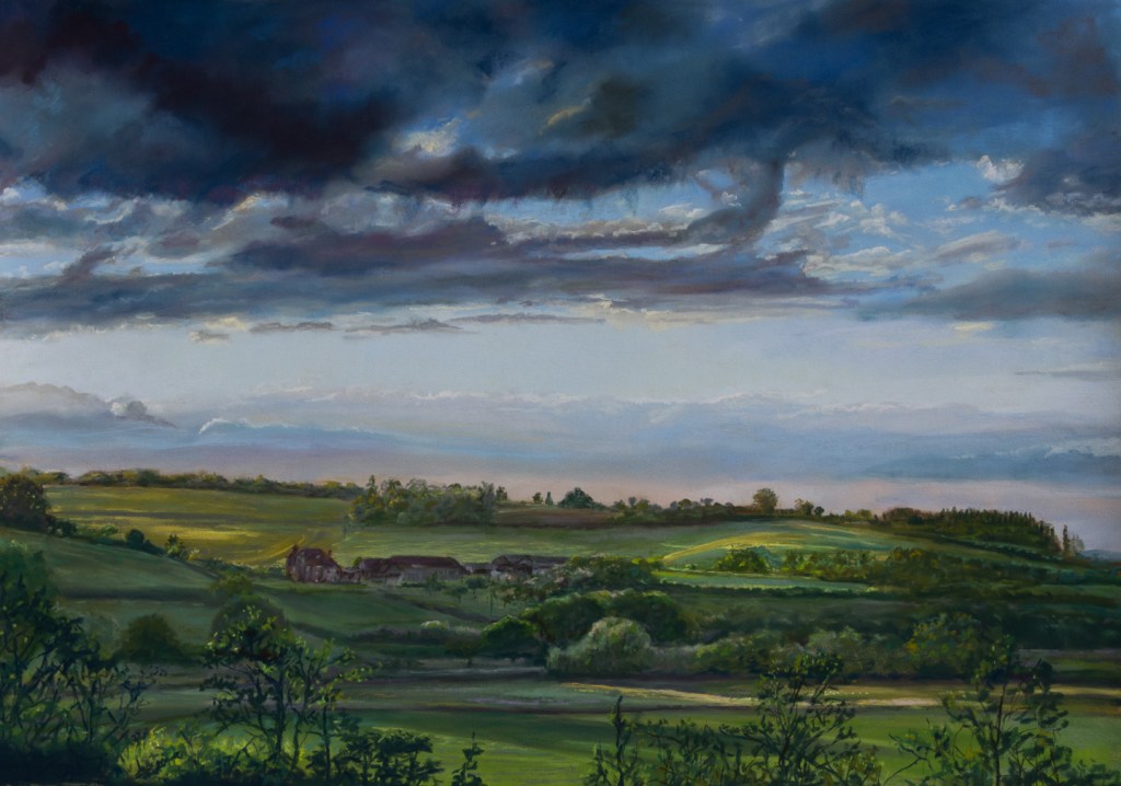 Painting of a farm under a stormy sky