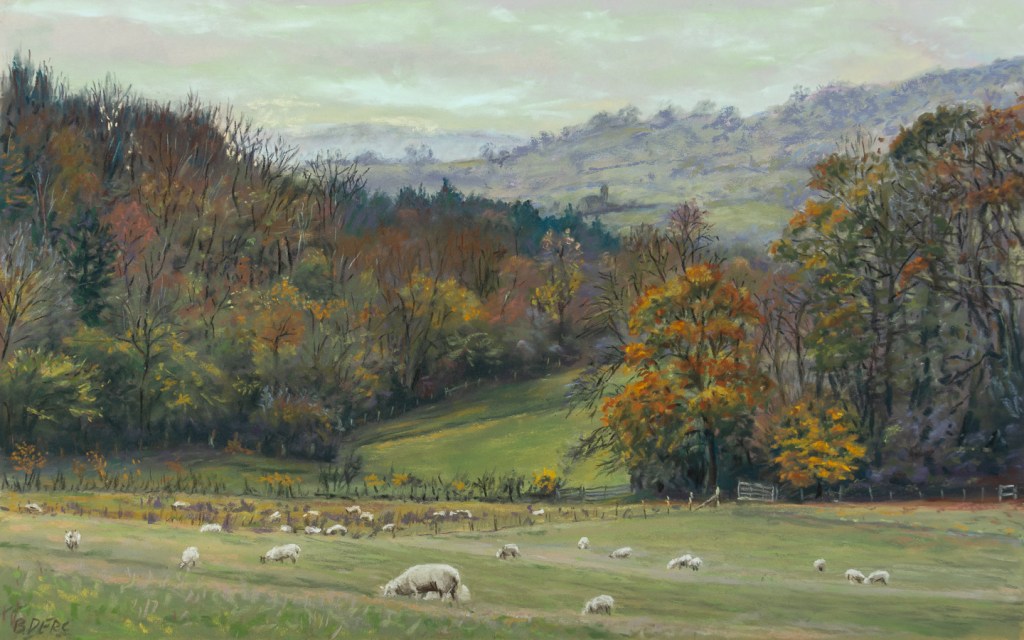 Painting of a rolling hills in Autumnal colours with sheep in a field in the foreground