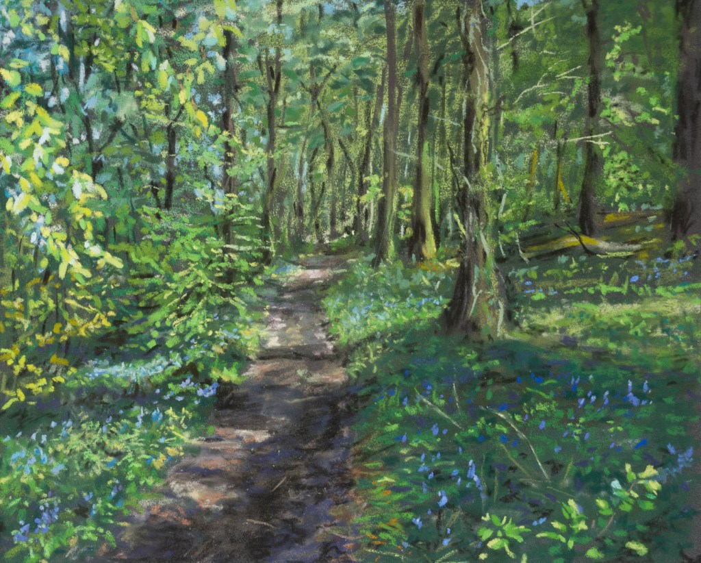 Painting of a pathway through woodlands