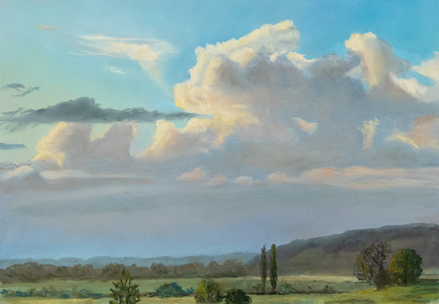 Painting of a sunny sky with approaching cumulus clouds