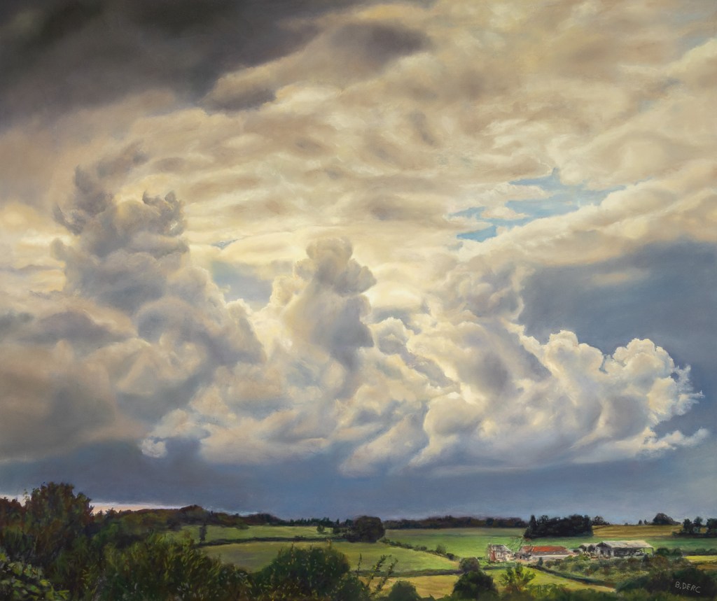 Painting of a stormy sky over a farm