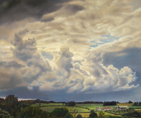 Painting of a stormy sky over a farm