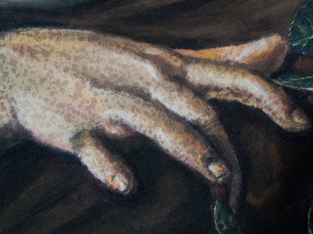 Detail form a Boy Bitten by a Lizard showing a splattering on the boy's hand