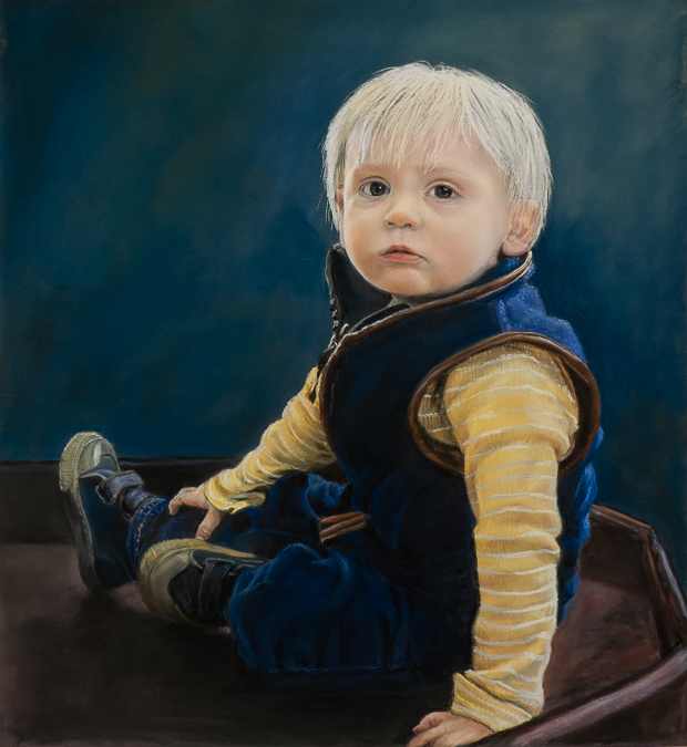 Painting of a toddler sitting on a large play tray.