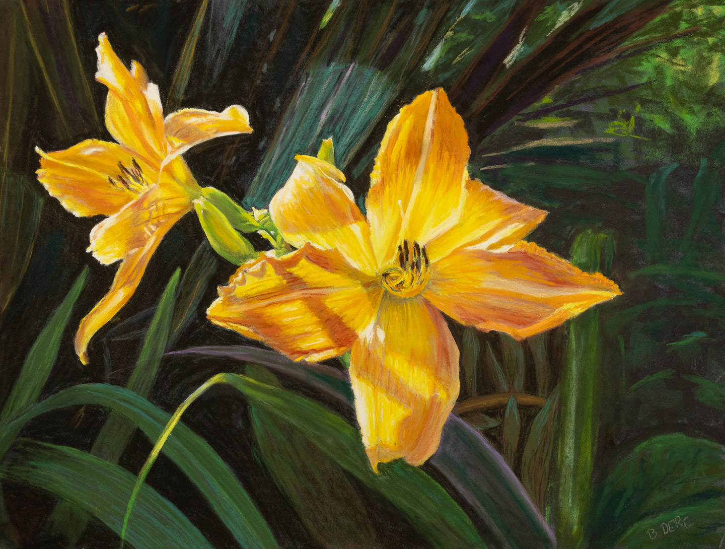 Pastel painting of a pair of yellow day lily flowers
