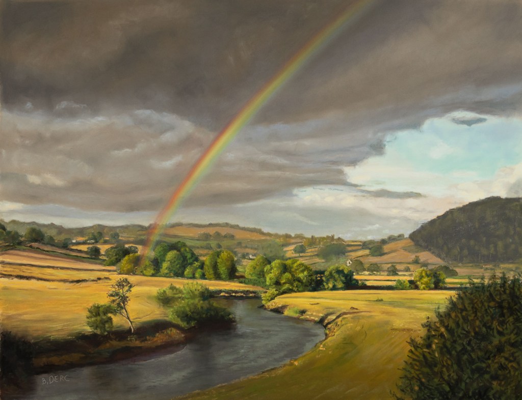 Painting of a rainbow over a river valley