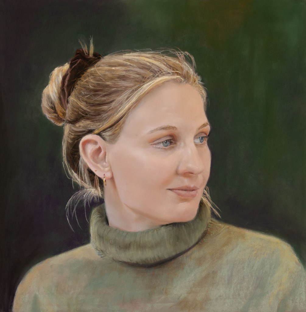 Pastel painting of a young woman in a moment of contemplation