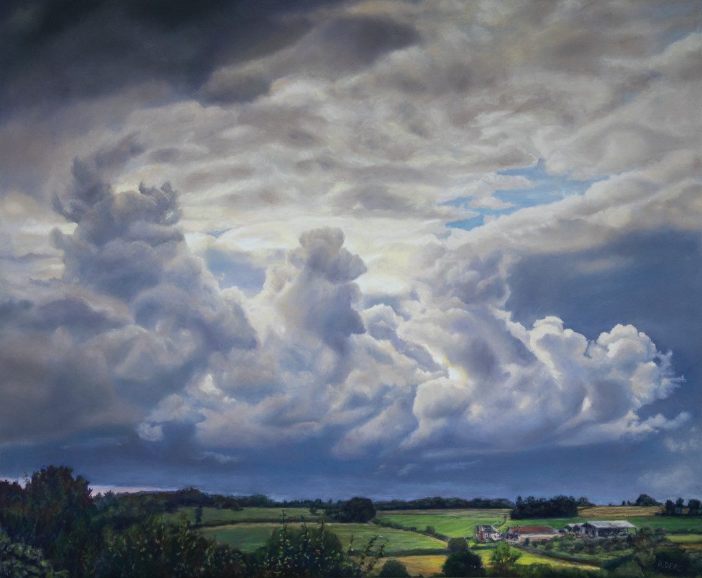 Painting of a stormy sky over a far,