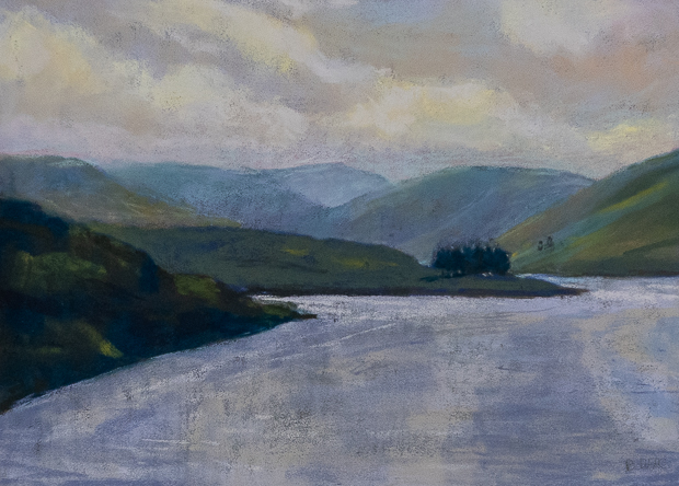 Painting of a reservoir on a cloudy day